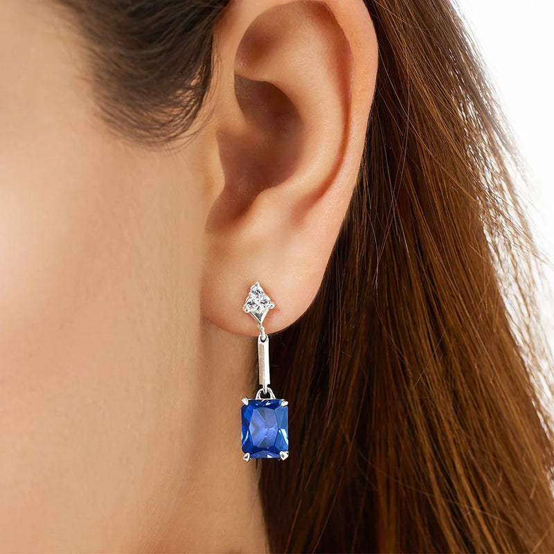 Sterling Silver 925 Sapphire Blue Stones Dangle Earrings For Women