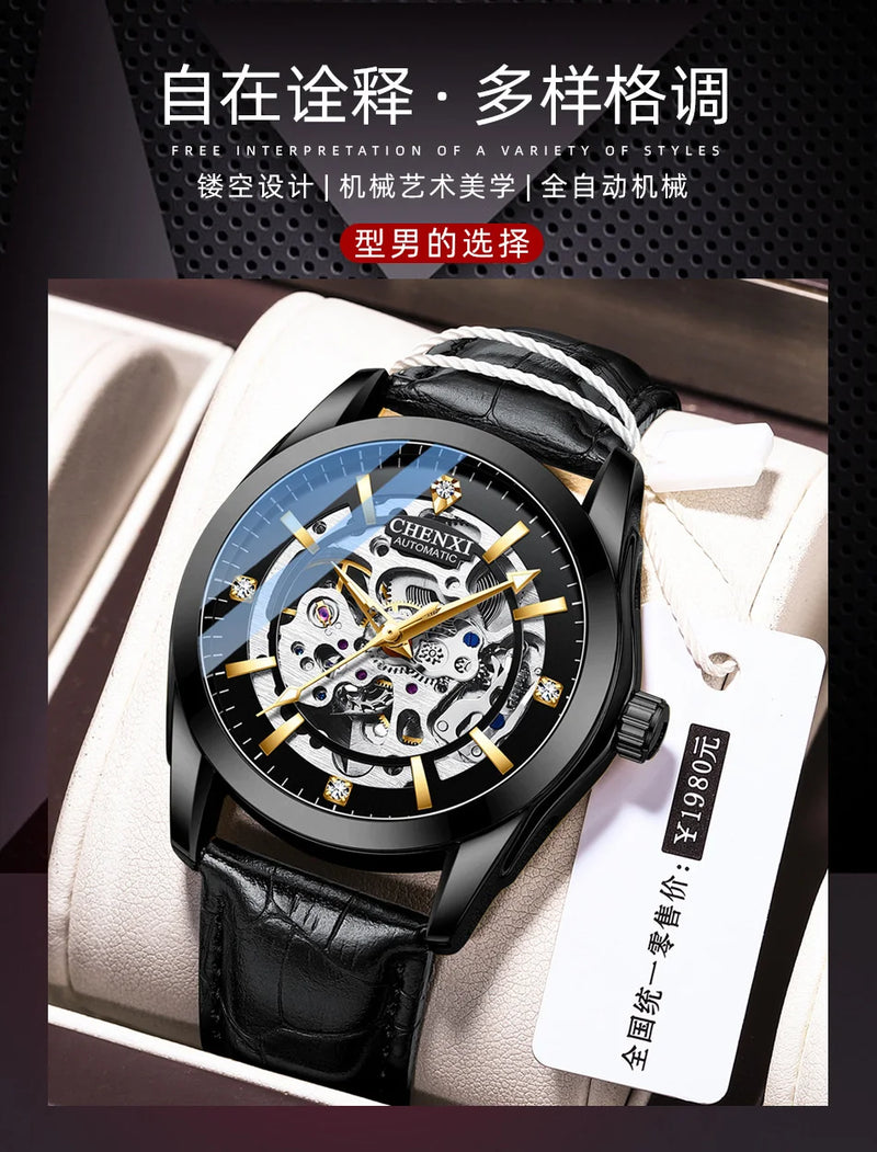 Stainless Steel Leather Strap Automatic Skeleton Luminous Waterproof Watch for Men