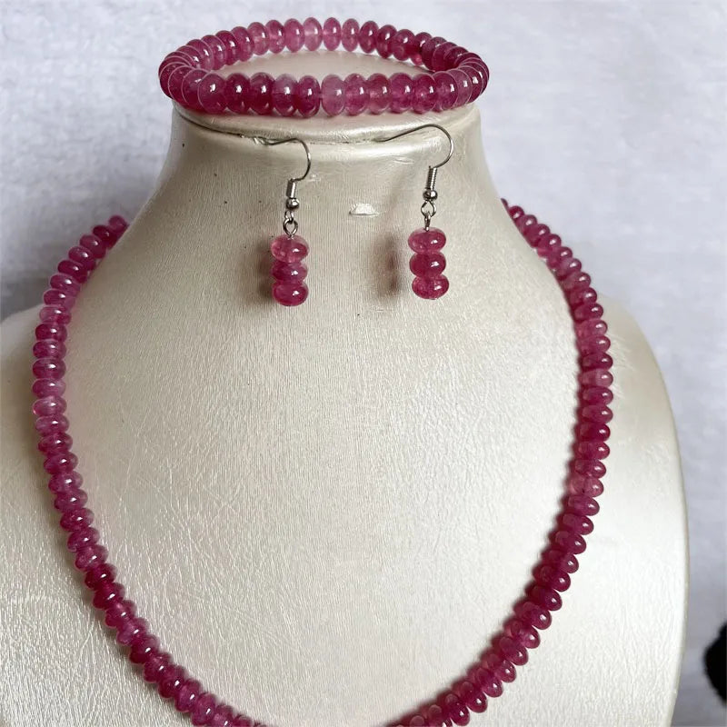 Sterling Silver Oval Pink Red Rubellite Jewelry Set with Necklace, Earrings, Bracelet and Choker for Women