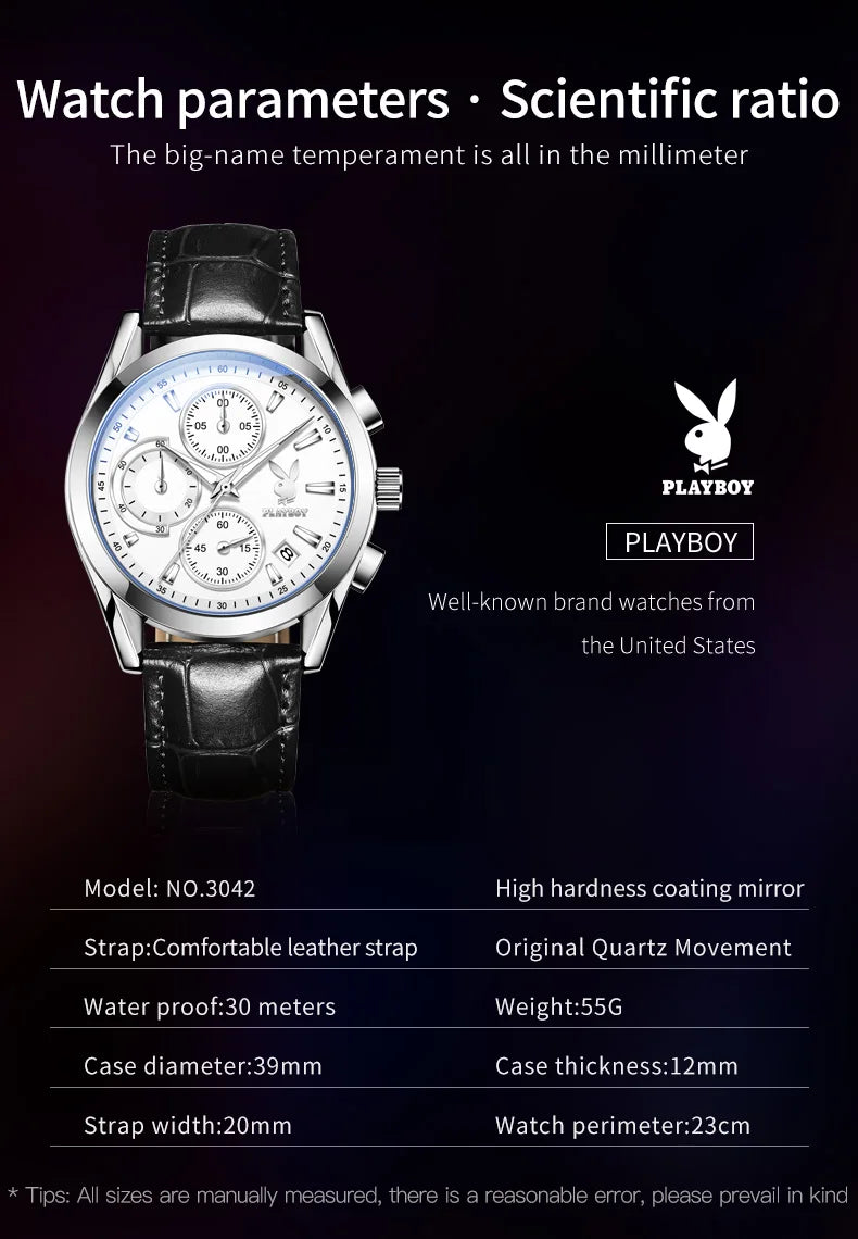 Stainless Steel Leather Multifunction Quartz Watch for Men