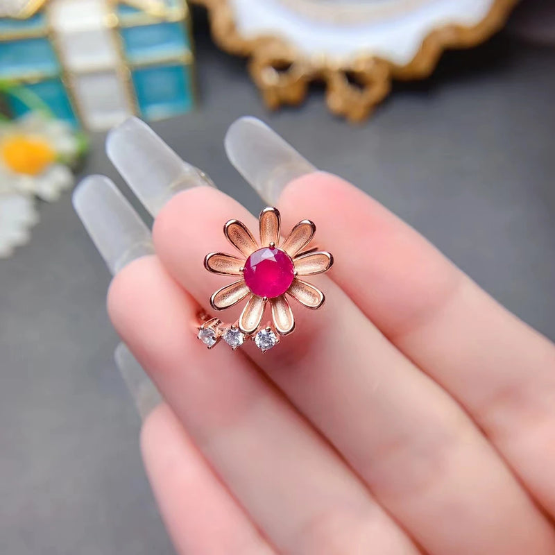 925 Sterling Silver Natural Ruby Flower Ring for Women