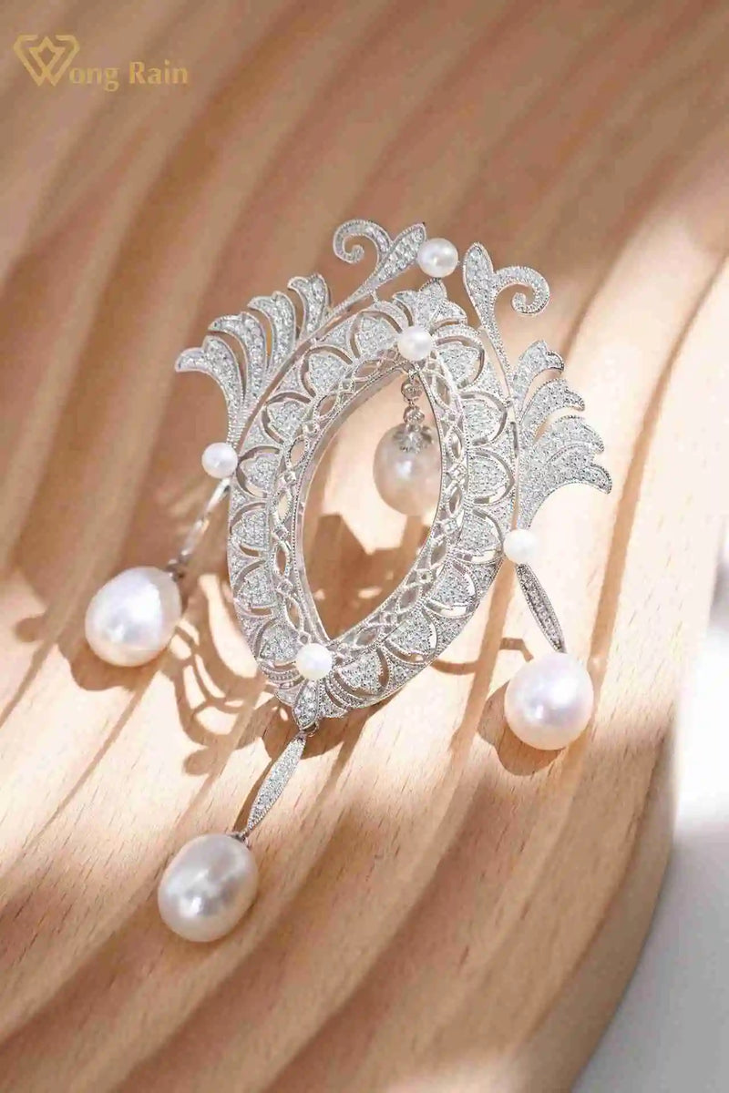 925 Sterling Silver Freshwater Pearl White Sapphire Diamond Brooches for Engagement