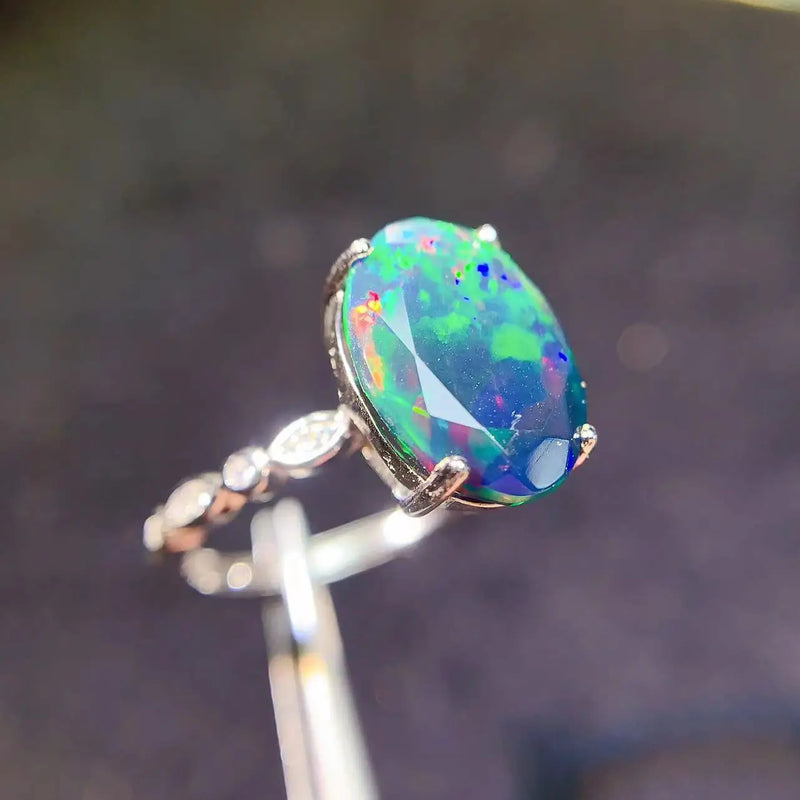 Sterling Silver Natural Black Opal Large Gemstone Ring for Men and Women