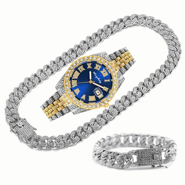 14k Gold Iced Out Watch with Cuban Link Chains Bracelet and Necklace Set for Men