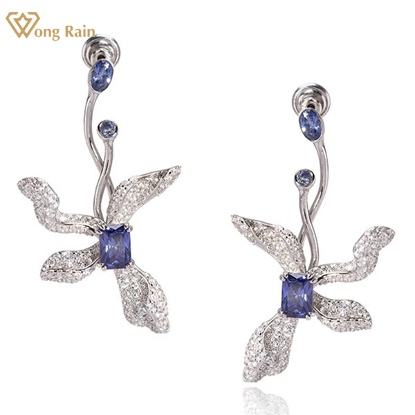 Wong Rain Elegant 925 Sterling Silver Sapphire High Carbon Diamonds Gemstone Drop Earrings for Women Anniversary Gifts Jewelry