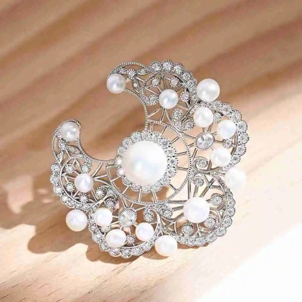 Sterling Silver Freshwater Pearl and White Sapphire Cocktail Brooch for Women