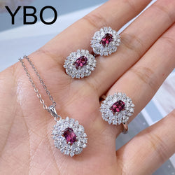 Sterling Silver Pyrope Necklace, Stud Earrings & Ring Set for Women