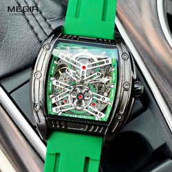 Stainless steel Green Silicone strap Automatic Waterproof Mechanical Tonneau Dial Watch. for Men