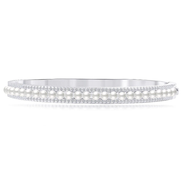 Wong Rain 925 Sterling Silver 3MM Pearl Lab Sapphire Diamonds Gemstone Bangle Bracelets Wedding Fine Jewelry Anniversary Gifts