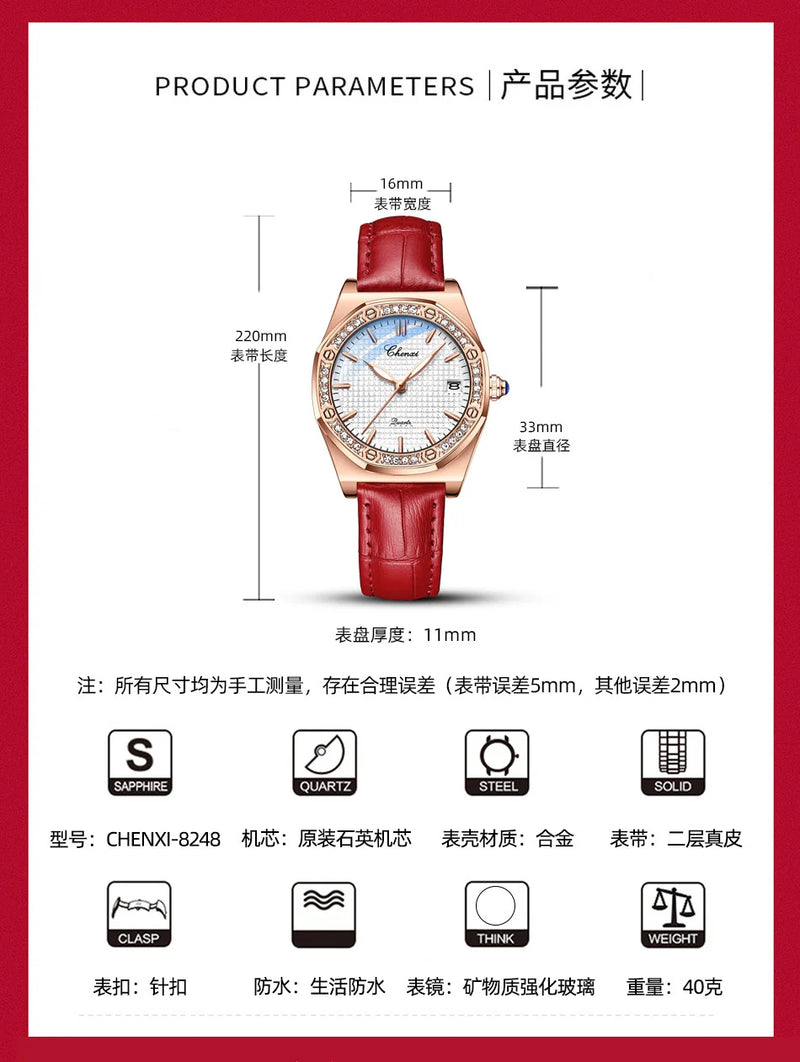 Fashion Diamond-Accented Leather Watch for Women