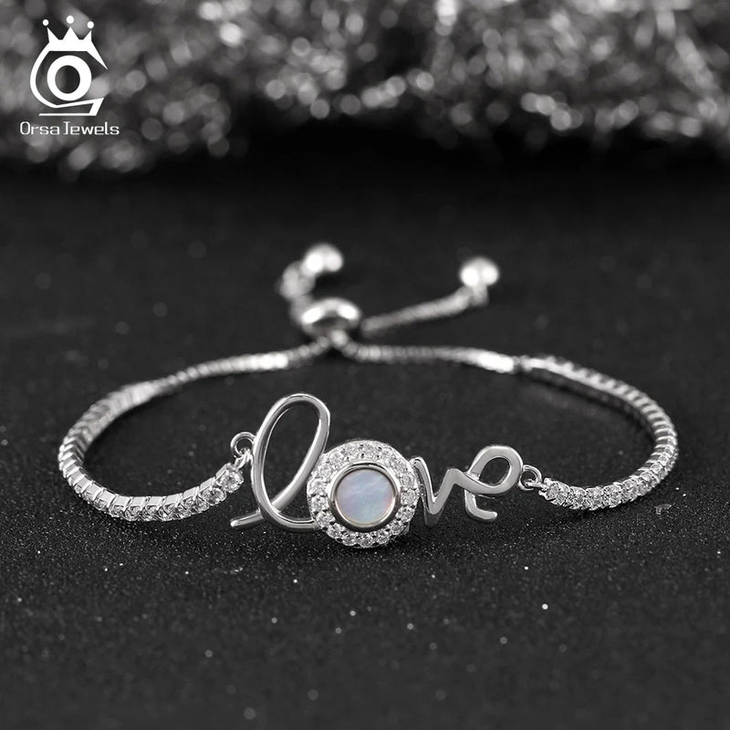 925 Sterling Silver Mother of Pearl Love Chain Bracelet for Women