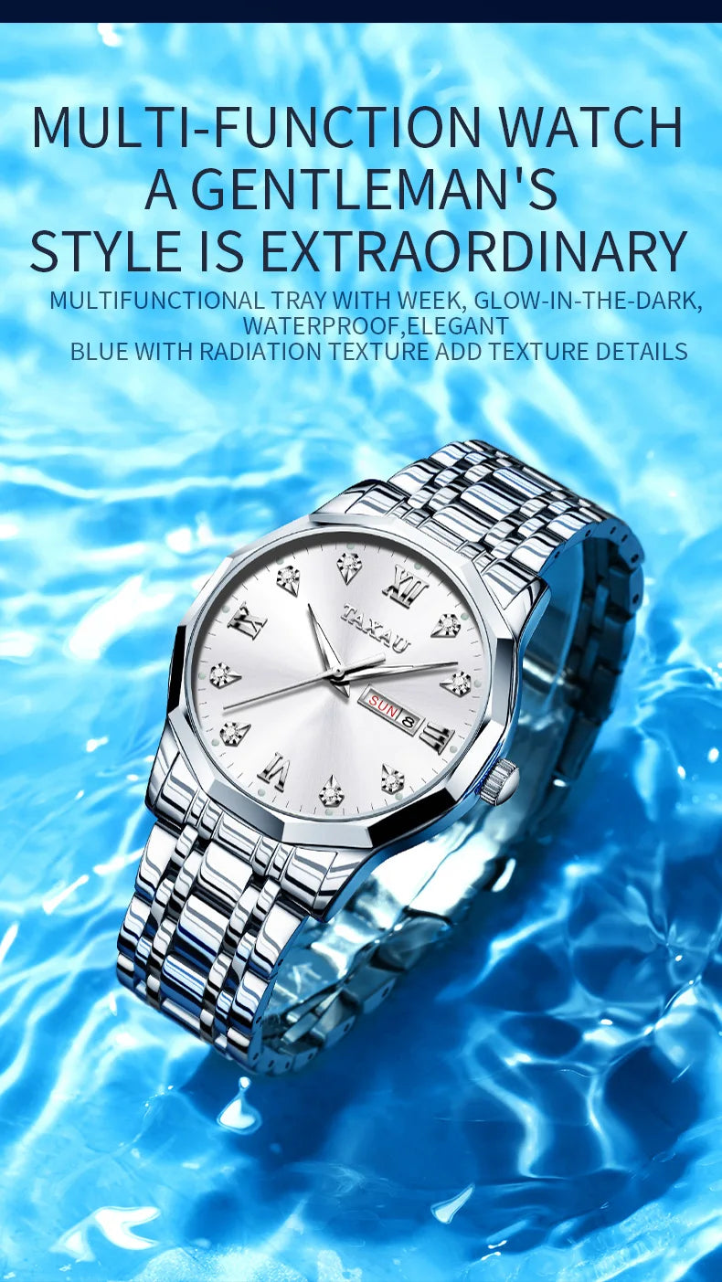 Stainless Steel Quartz Watch, Waterproof for Men