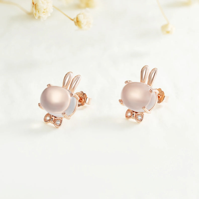 Sterling Silver Rose Gold Plated Pink Rose Quartz Stud Earrings for Women