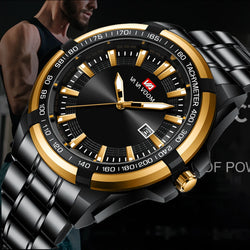 Gold Stainless Steel Black Luminous Quartz Watch for Men