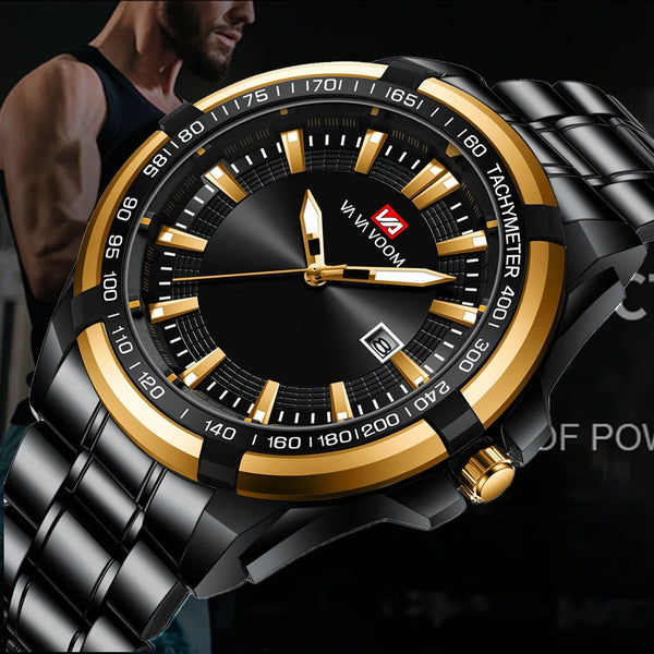 Gold Stainless Steel Black Luminous Quartz Watch for Men