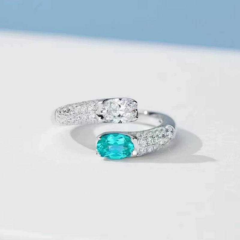 925 Sterling Silver Sparkling Oval Cut Paraiba Tourmaline High Carbon Diamond Gems Open Ring for Women