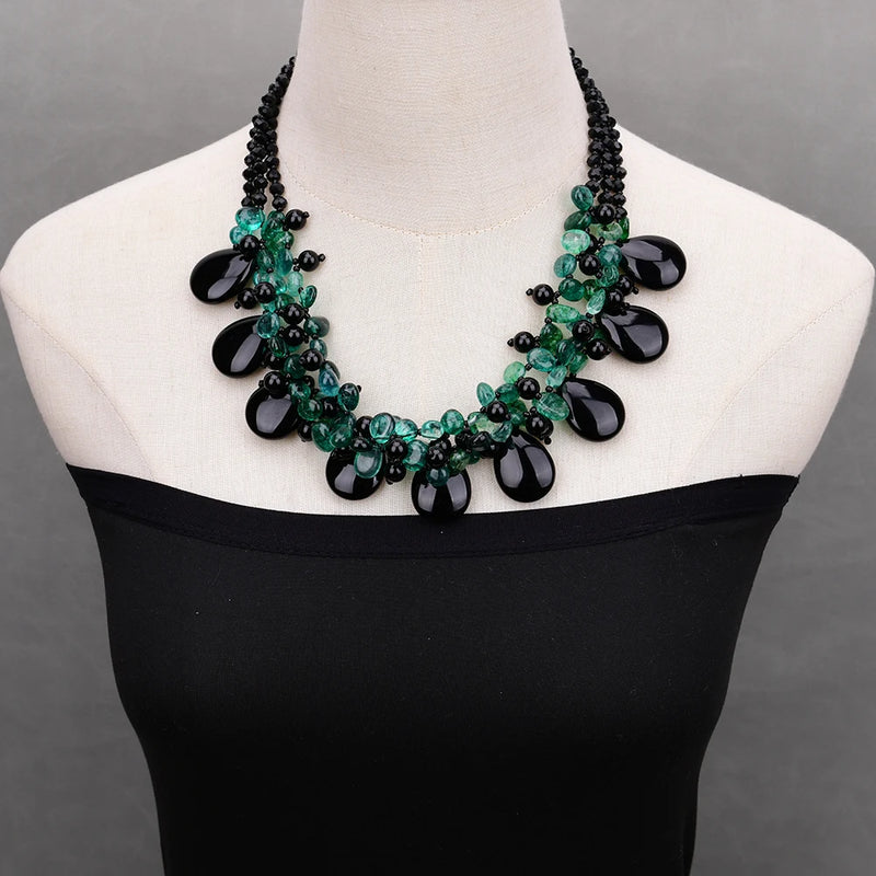 Sterling Silver Green Crystal and Black Onyx Stone Necklace for Lady