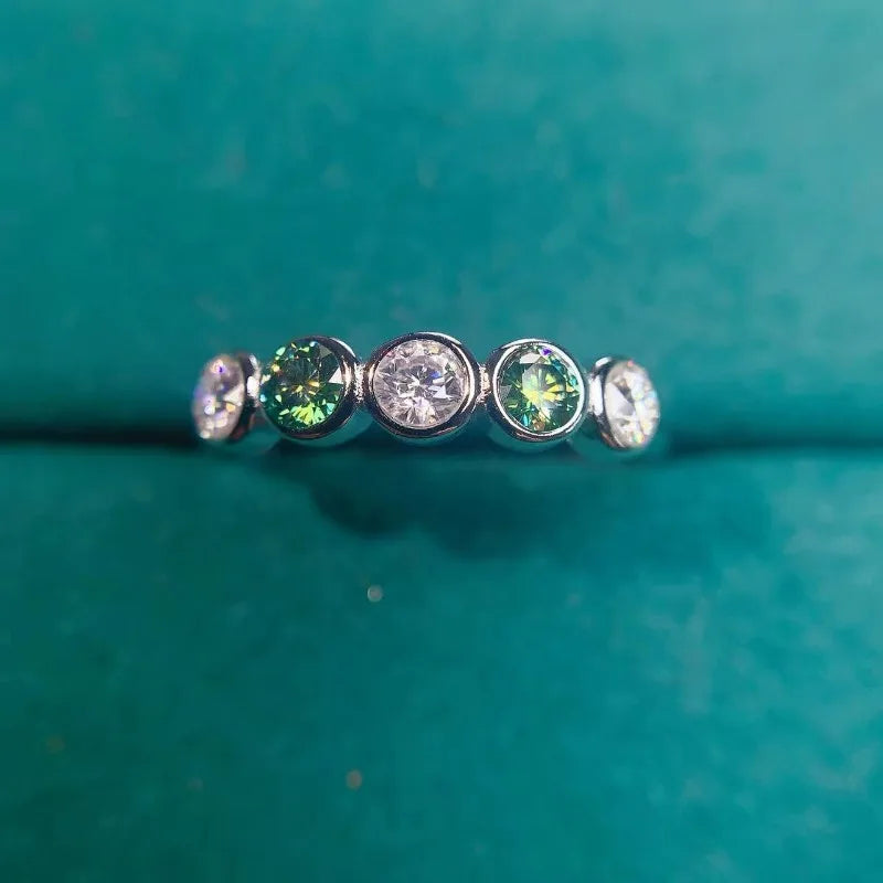 Sterling Silver 3MM Moissanite White and Green Band Ring for Women