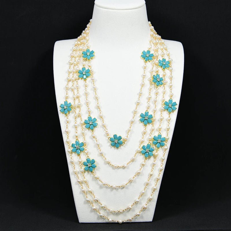 Gold Plated Natural White Pearl and Blue Jade Crystal Flower Necklace for Women