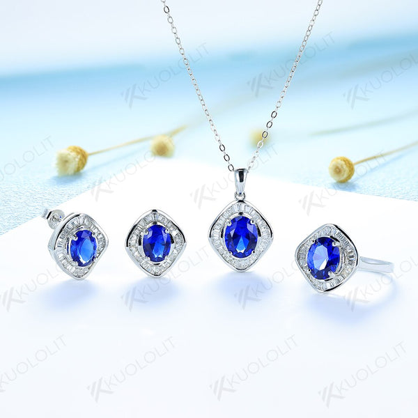 925 Sterling Silver Sapphire Oval Gemstone Jewelry Set for Women