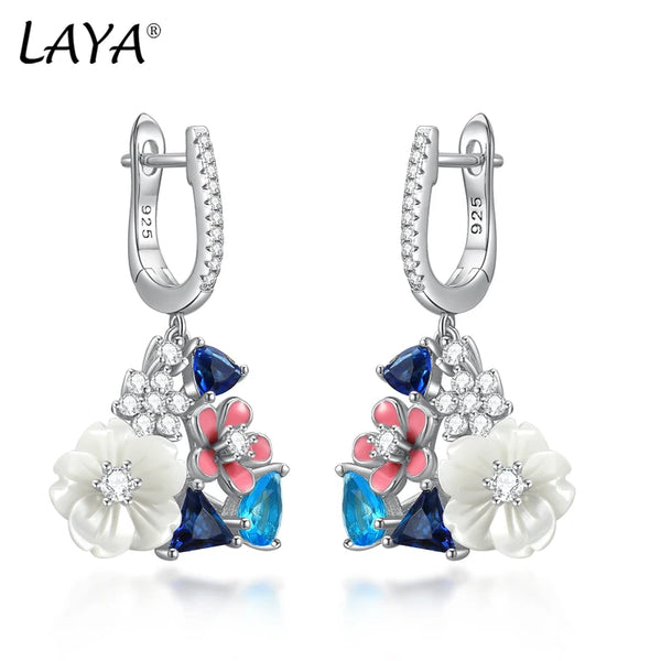 White Shell Flower Zircon Enamel Earrings for Women