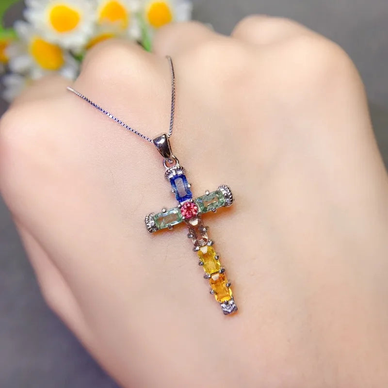 925 Silver Sapphire Cross Pendants for Her