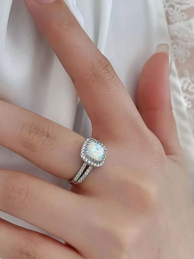 Sterling Silver Cushion-Cut Opal Ring for Woman