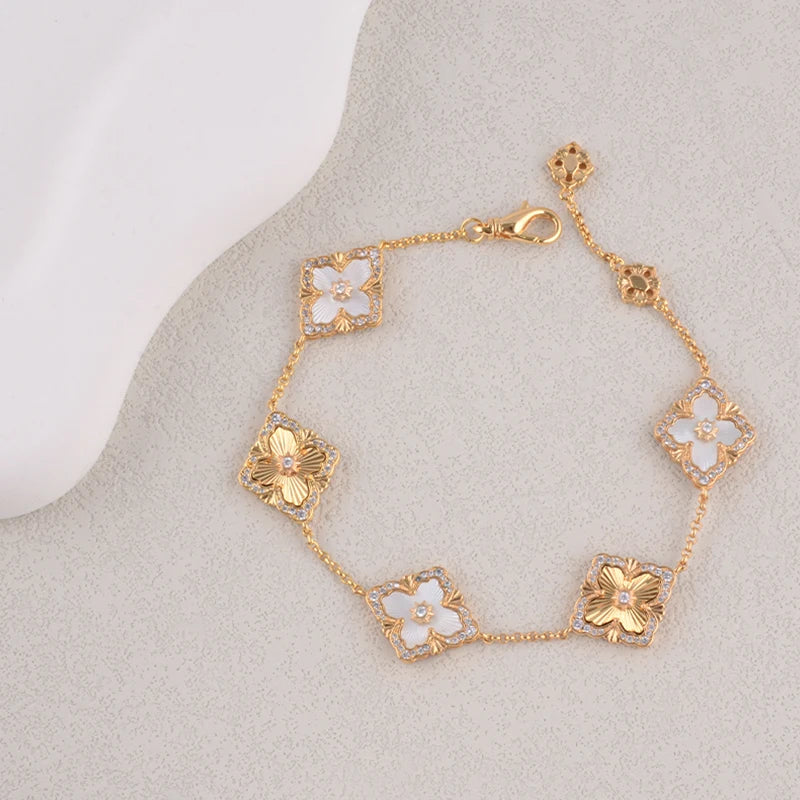 Solid Gold Plated Mother of Pearl 4 Leaf Clover Bracelet for Women