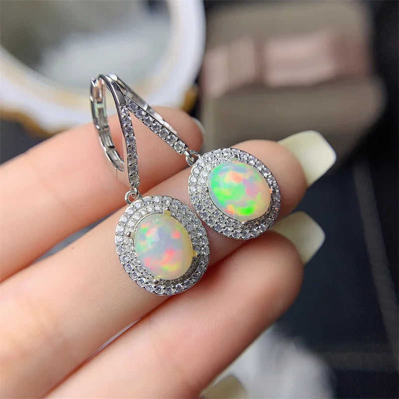 925 Silver Natural Opal Drop Earrings 8mm*10mm for Women