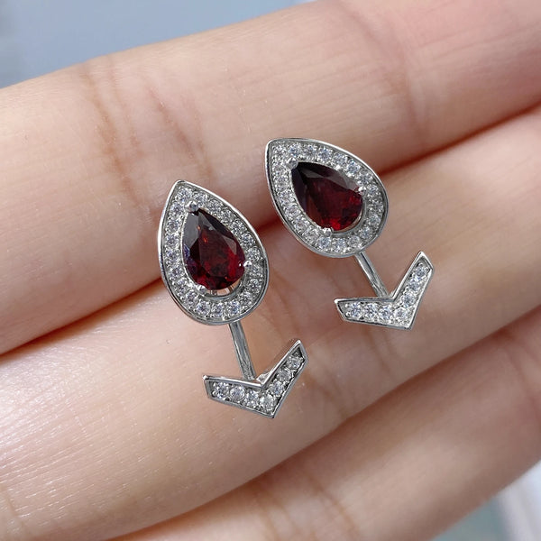 925 Sterling Silver Water Drop Garnet Stud Earrings for Women