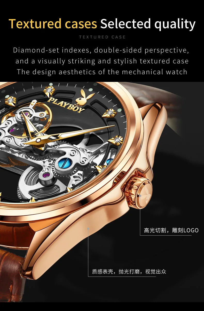 Stainless Steel Hollow Out Automatic Mechanical Watch with Luminous Leather Strap for Men