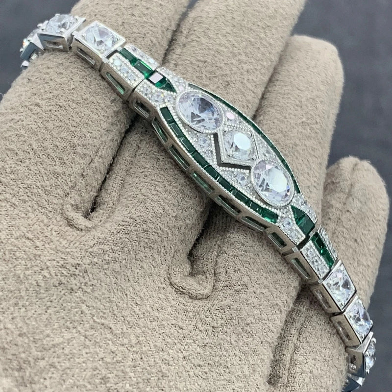 Sterling Silver Round Cut Emerald High Carbon Diamond Bracelet