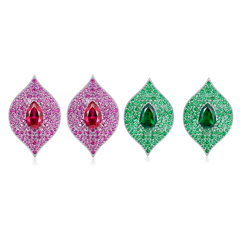 Sterling Silver Pear Cut Emerald Ruby Diamond Studs Earrings for women