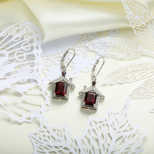 Rhodium Plated Natural Garnet Drop Earrings for Women