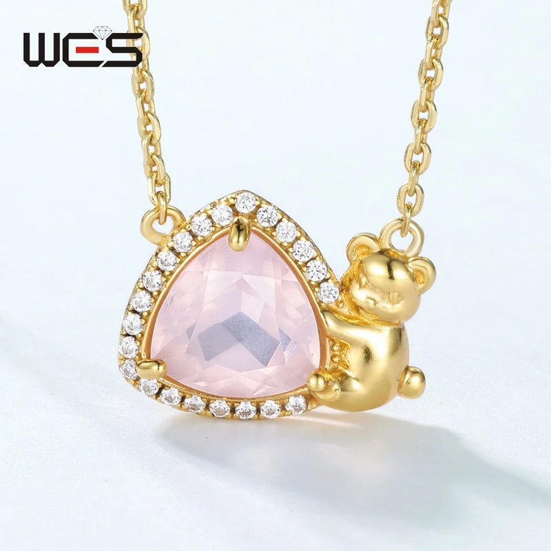 Gold Plated Cartoon Bear Necklace, Rose Quartz for Women