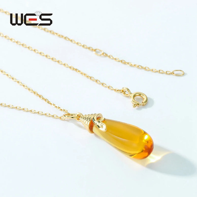 Gold Plated Synthetic Citrine Teardrop Pendant Necklace for Woman