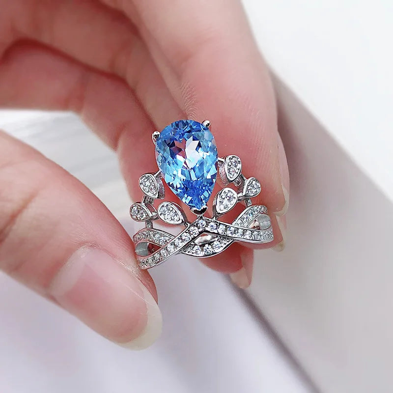 Sterling Silver Blue Topaz Crown Ring for Women