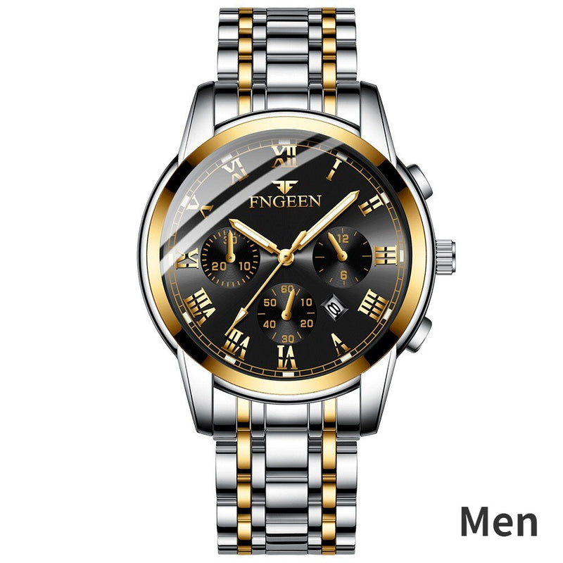 Stainless Steel Black Luminous Calendar Date Watch with three eyes and six pins for Men and Women