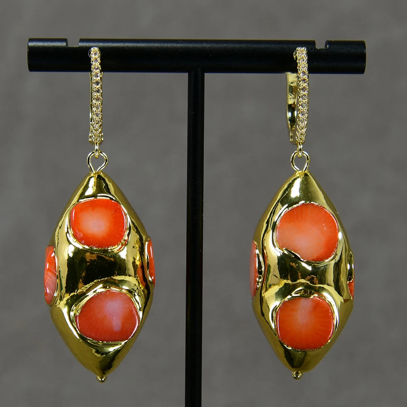 Gold Plated Orange Coral Olive Shape Dangle Earrings for Women