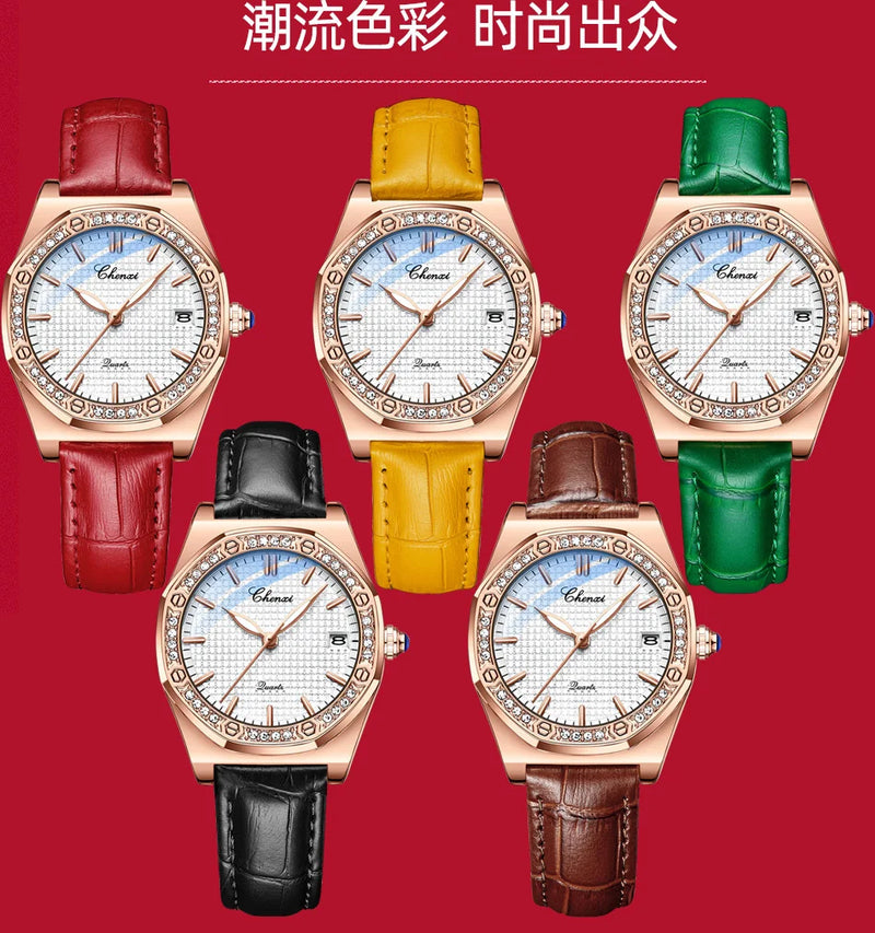 Fashion Diamond-Accented Leather Watch for Women