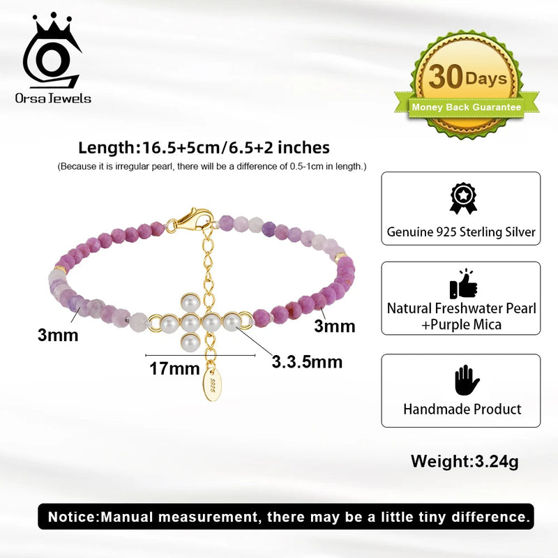 925 Silver Full Purple Mica and Freshwater Pearl Bracelet for Women