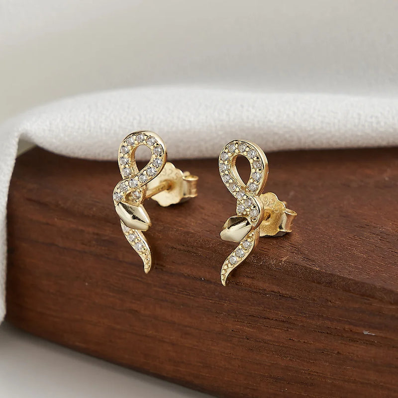 925 Silver Snake Stud Earrings with Cubic Zircon for Women