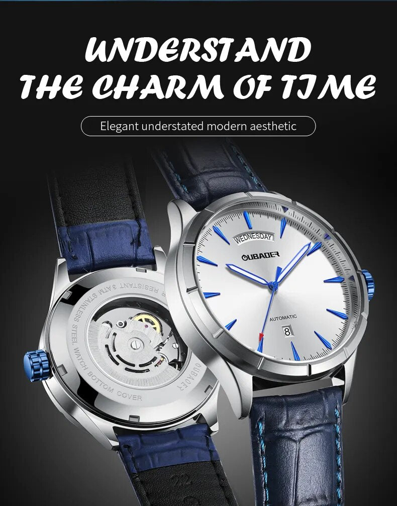 Stainless Steel Automatic Mechanical Watch with Leather Band, 30m Waterproof, for Men