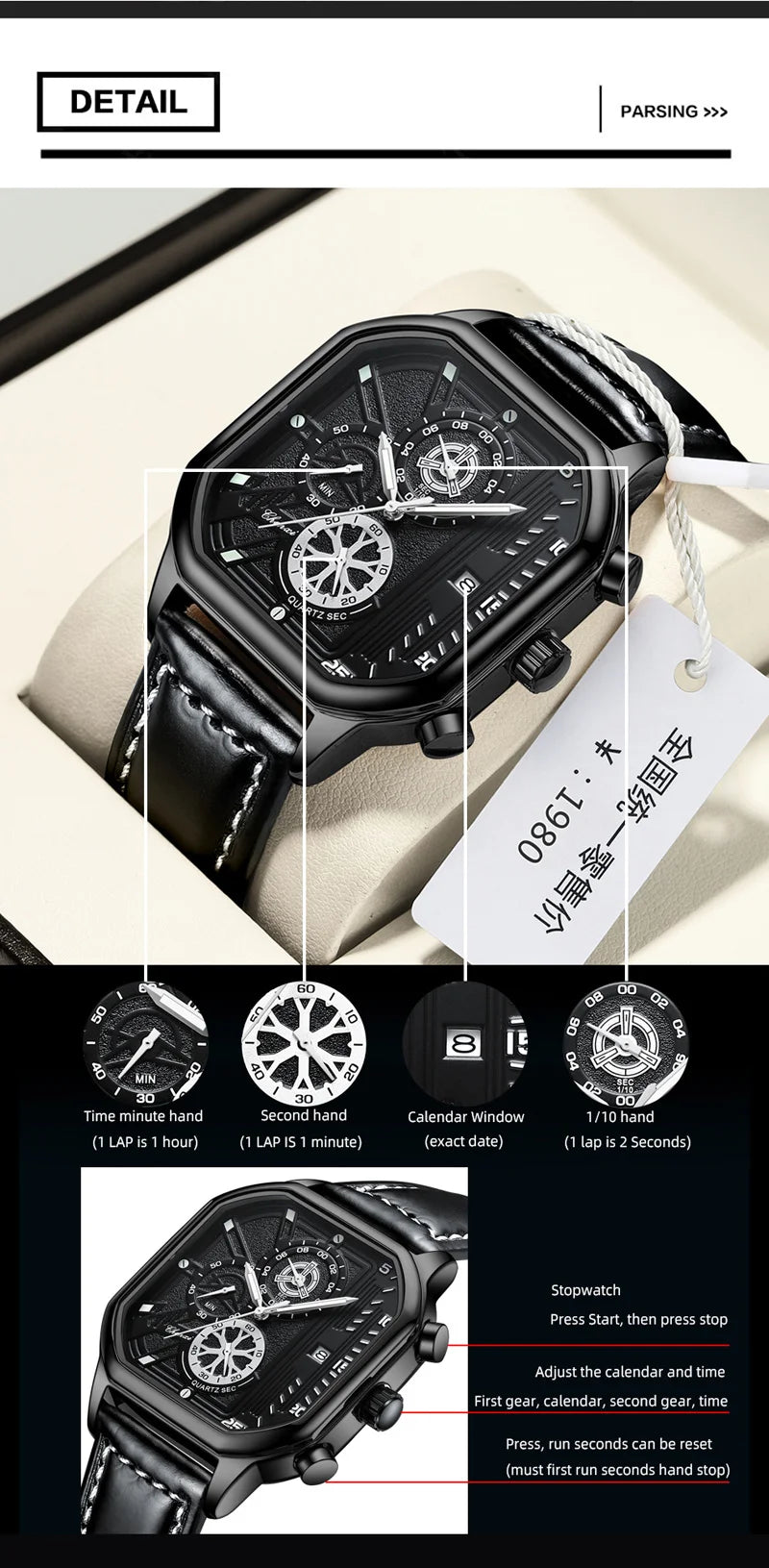 Stainless Steel Leather Multifunction Waterproof Sports Watch for Men