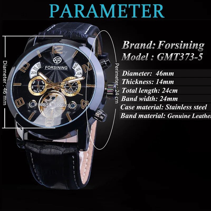 Stainless Steel Leather Strap Skeleton Flywheel Tourbillon Calendar Wristwatch for Men