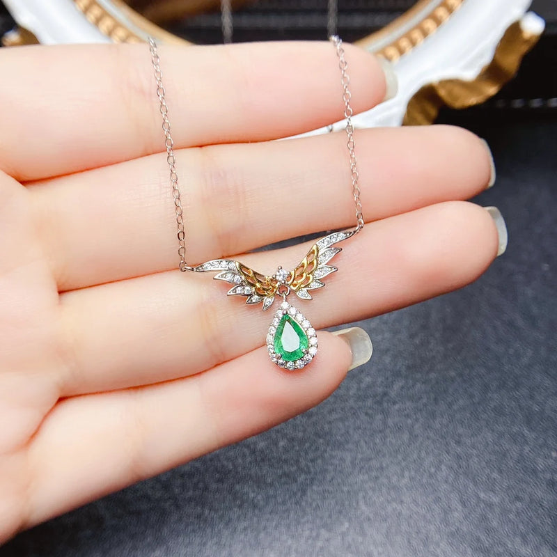 Sterling Silver Emerald Wing Pendant Necklace for Women