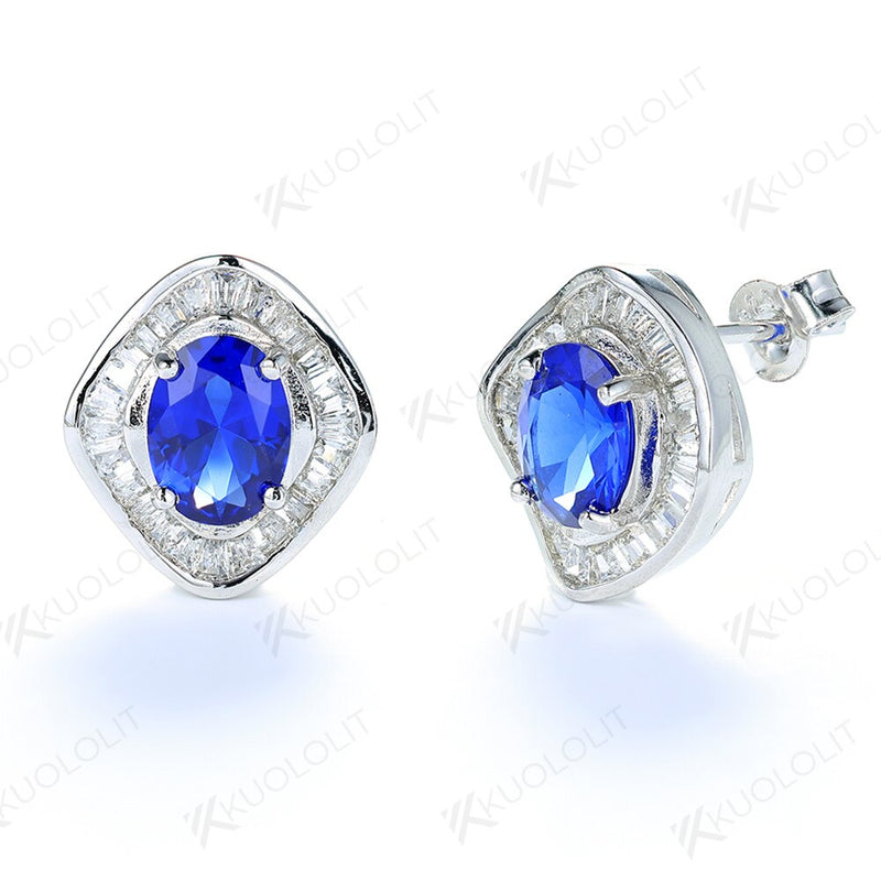 925 Sterling Silver Oval Sapphire Stud Earrings for Women