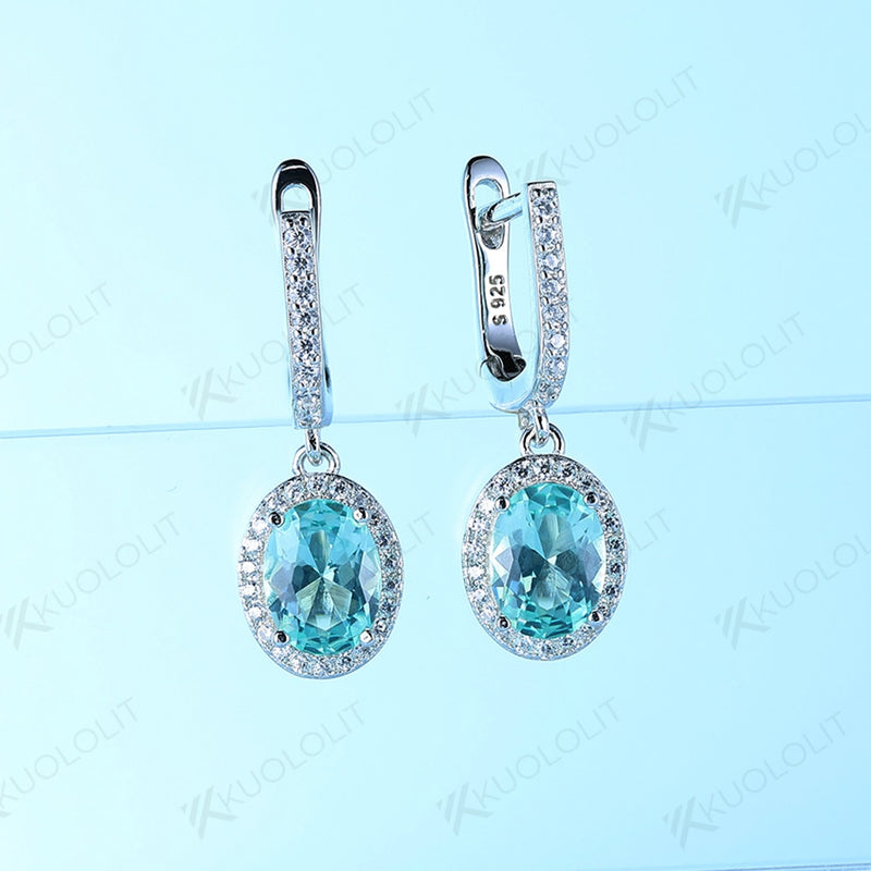 925 Sterling Silver Bluish Green Emerald Oval Gemstone Clip Earrings for Women