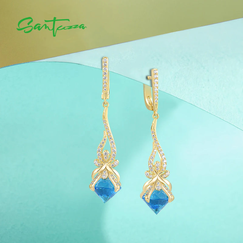 Sterling Silver White CZ Blue Stone Dangling Earrings For Women