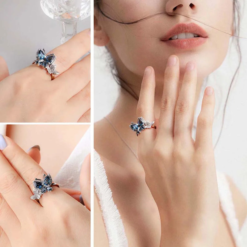 925 Sterling Silver Blue Butterfly Rings with 2ct Gems and Natural London Blue Topaz for Women